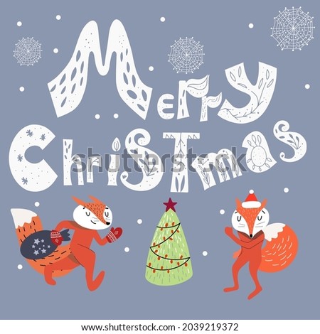 Christmas card with two funny foxes, lettering Merry Christmas.
