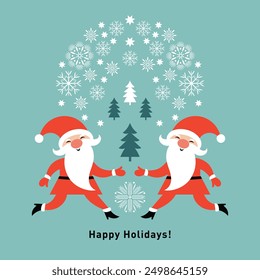 Christmas Card, two funny  Santa Clauses and snowflakes