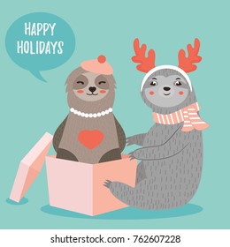 Christmas card with two funny sloths 