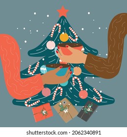 Christmas card. Two hands hold mugs with hot cocoa in their hands near the Christmas tree. Vector illustration 