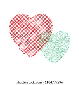 Christmas Card with Two Hearts in Dots and Lines on White Background. Red and Green Symbols of Love. Vector Illustration.
