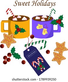  Christmas card two mugs with cocoa. The traditional decor is berries, cookies, tag and cane. Vector illustration isolated on white background. 