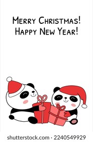 Christmas card with two pandas giving gifts each other vector illustration. Doodle panda bear characters in Santa hats. Merry Christmas and Happy New Year wishes