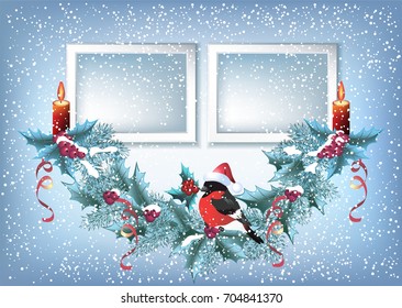 Christmas card with two  photo frame, spruce garland with burning candle and  bullfinch in Santa hat on the snowfall background in retro style