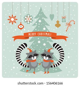  Christmas card with two raccoons