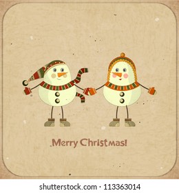 Christmas card - Two snowmen on a retro background - postcard in retro style - vector illustration