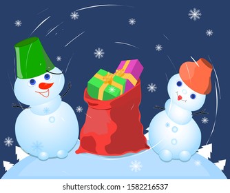 Christmas card. Two snowmen. Red bag with gifts. Christmas, blue. Vector