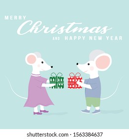 Christmas card. Two white mice are sharing gifts with each other. Funny cartoon, poster, greeting card, print, banner. Merry Christmas and Happy New Year 2020. Mouse rat year.  