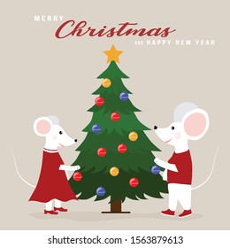 Christmas card. Two white mice are are decorating a Christmas tree together. Funny cartoon, poster, greeting card, print, banner. Merry Christmas and Happy New Year 2020. Mouse rat year.  