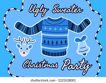 Christmas card with ugly sweater party theme in blue with embroidery. Vector illustration of a poster or cover for a party, greeting and invitation to celebrate the holiday and happy new year