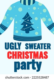 Christmas card with ugly sweater party theme. Vector illustration of a poster or cover for a party, greeting and invitation to celebrate the holiday and happy new year