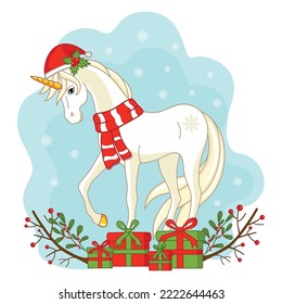 Christmas card with unicorn and gifts