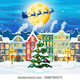 Christmas Card with Urban Landscape and Snowfall. Cityscape with Colorful Houses with Snow in Night. Winter Village, Cozy Town City Panorama. New Year Christmas Xmas Banner. Flat Vector Illustration