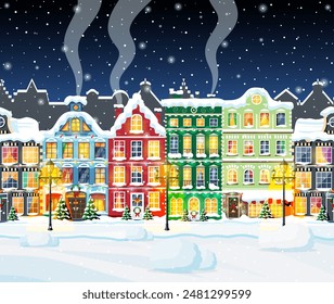 Christmas Card with Urban Landscape and Snowfall. Cityscape with Colorful Houses with Snow in Night. Winter Village, Cozy Town City Panorama. New Year Christmas Xmas Banner. Flat Vector Illustration