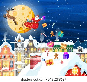 Christmas Card with Urban Landscape and Snowfall. Cityscape with Colorful Houses with Snow in Night. Winter Cozy Town City Panorama. New Year Christmas Xmas Banner. Flat Vector Illustration