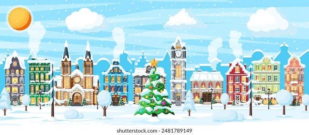 Christmas Card with Urban Landscape and Snowfall. Cityscape with Colorful Houses with Snow in Day. Winter Village, Cozy Town City Panorama. New Year Christmas Xmas Banner. Flat Vector Illustration