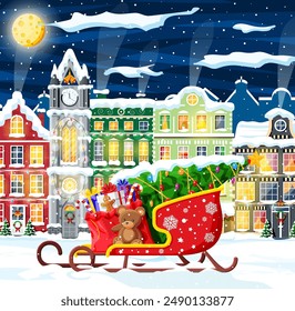 Christmas Card with Urban Landscape and Snowfall. Cityscape with Colorful Houses with Snow in Night. Winter Village, Cozy Town City Panorama. New Year Christmas Xmas Banner. Flat Vector Illustration