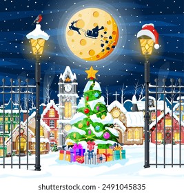 Christmas Card with Urban Landscape and Snowfall. Cityscape with Colorful Houses with Snow in Night. Winter Village, Cozy Town City Panorama. New Year Christmas Xmas Banner. Flat Vector Illustration