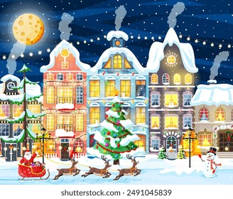 Christmas Card with Urban Landscape and Snowfall. Cityscape with Colorful Houses with Snow in Night. Winter Village, Cozy Town City Panorama. New Year Christmas Xmas Banner. Flat Vector Illustration