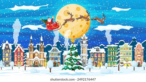 Christmas Card with Urban Landscape and Snowfall. Cityscape with Colorful Houses with Snow in Night. Winter Village, Cozy Town City Panorama. New Year Christmas Xmas Banner. Flat Vector Illustration