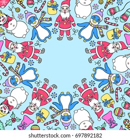 Christmas card with various characters on white backgrounds. Vector illustration.