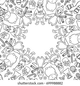 Christmas card with various characters on white backgrounds. Vector illustration.