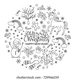 Christmas card with various festive elements.Coloring page for kids and adult.Vector illustration