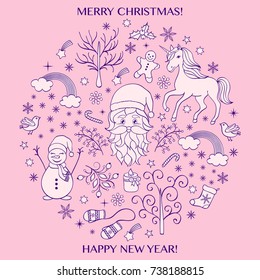 Christmas card with various festive elements.Vector illustration