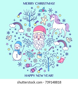 Christmas card with various festive elements.Vector illustration
