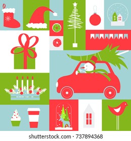 Christmas card. Christmas vector background with snowman and  car.Vector illustration.