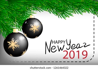 Christmas card, vector. Black Christmas balls, Christmas tree. New Year 2019. Handwritten font.