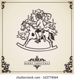 Christmas card vector with boy playing on a toy horse in front of a Christmas tree. Vintage scene.
