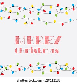 Christmas card. Vector clipart illustration. Festive winter greeting postcard design with Christmas lights and "Merry Christmas" typography.