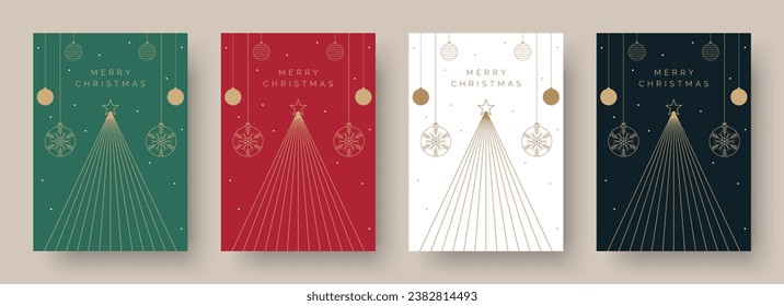 Christmas Card Vector Design Template. Set of Christmas Card Designs with Geometric Festive Scene Illustration of Christmas Tree and Bauble Decorations. Merry Christmas Greeting Card Concepts
