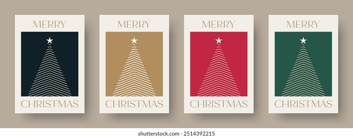 Christmas Card Vector Design Template. Set of Christmas Card Designs with Geometric Christmas Tree Illustration. Merry Christmas Greeting Card Concepts