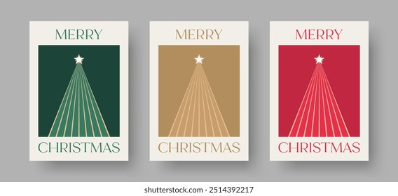 Christmas Card Vector Design Template. Set of Christmas Card Designs with Geometric Christmas Tree Illustration. Merry Christmas Greeting Card Concepts