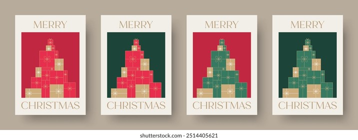 Plantilla de diseño de Vector de tarjeta de Navidad. Conjunto de Diseños de tarjetas de Navidad con árbol de Navidad y 
Pila de regalos Ilustración. Conceptos de tarjeta de felicitación de Navidades felices con regalos apilados.