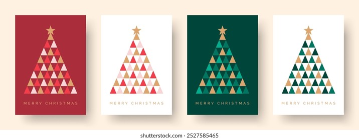 Christmas Card Vector Design Template. Set of Christmas Card Designs with Geometric Christmas Tree Illustration. Merry Christmas Greeting Card Concepts