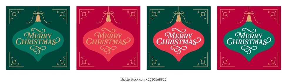 Christmas Card Vector Design Template. Set of Christmas Card Designs with Hanging Christmas Ball Decoration Illustration. Merry Christmas Greeting Card Concepts with Handwritten Style Lettering.