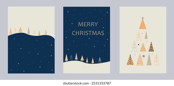 Plantilla de diseño de Vector de tarjeta de Navidad. Conjunto de Diseños de tarjeta de Navidad con ilustración de decoración de árbol de Navidad.