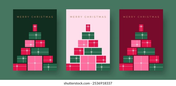 Christmas Card Vector Design Template. Merry Christmas Greeting Card with Christmas Presents Illustration. Stacked Christmas Gifts. Modern Festive Design for Greeting Cards, Poster, Holiday Cover