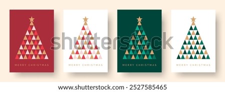 Christmas Card Vector Design Template. Set of Christmas Card Designs with Geometric Christmas Tree Illustration. Merry Christmas Greeting Card Concepts