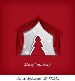 Christmas card vector design with Christmas tree on a stage on white background with space for text