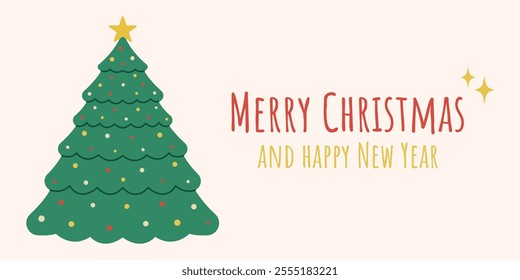 christmas card vector design, xmas tree with star and garland, flat style holiday banner, background, pine tree