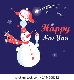 Christmas card vector with funny snowmen on a dark background with snowflakes. Happy New Year greetings.