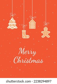 christmas card vector with gingerbread cookies. gingerbread cookies of various shapes are weighed on threads with bows