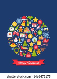 Christmas card. Vector. Greeting decoration background. Creative postcard with Christmas icons in circle shape. Holiday poster on dark blue backdrop. Cartoon illustration. Party template. Flat design.