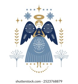 Tarjeta de Navidad. Ilustración vectorial. Ángel de Navidad con estrellas de Navidad y copos de nieve