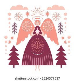Christmas card. Vector illustration. Christmas angel with xmas stars and snowflakes