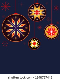 Christmas Card vector illustration with Christmas balls ornaments on blue background with copy space